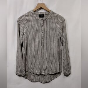B.L.E.U.  Linen Blend Stripped Long Sleeve Popover Shirt Women's XS Gray Bobo